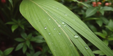 Close-up of a long green leaf covered in water droplets in a lush garden, botanical, plant