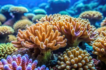 Fototapeta premium Close-up of a coral reef with slimy seaweed wrapping around it, underwater photos, coral, ocean floor, coral growth