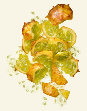 Chopped Horned Melon with Seeds on Light Background Food Still Life