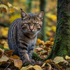 Autumn's Guardian: The Scottish Wildcat Camouflaged in Its Habitat