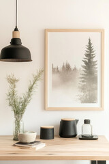 Interior photo with poster in wooden frame, photo mockup