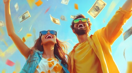 A young couple celebrating their financial milestone after saving money for a vacation