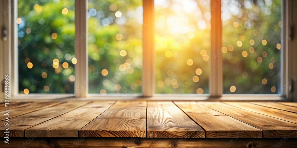 Aufkleber A close-up view of a weathered wooden tabletop with a window behind it showing a sunny and blurred view of a forest with bokeh light effects