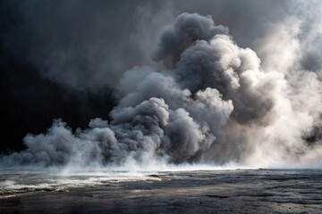 Obraz premium Dense gray smoke wafts through the air, suspended above a black and abstract watercolor background, creating an ethereal atmosphere, mysterious, mist