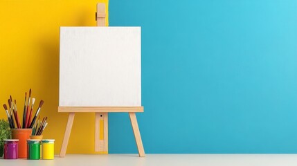 Vibrant Artist Workspace with Paints and Brushes