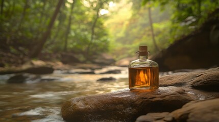Natural Skincare Bottle Beside Stream in Forest