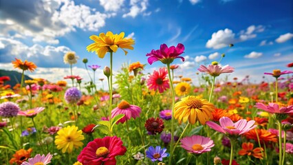 Obraz premium Field of colorful flowers swaying gently in the breeze on a sunny day, nature scene, natural beauty, outdoor setting, gentle wind, garden flowers