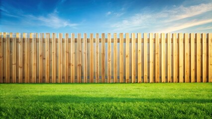 Fototapeta premium Wooden fence standing tall against a bright blue sky with white clouds, offering a peaceful and serene backdrop for any occasion.