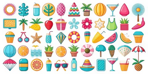 A Colorful Collection of Summer-Themed Icons Featuring Tropical Plants, Fruit, Beach Essentials, Drinks, and Other Fun Elements.