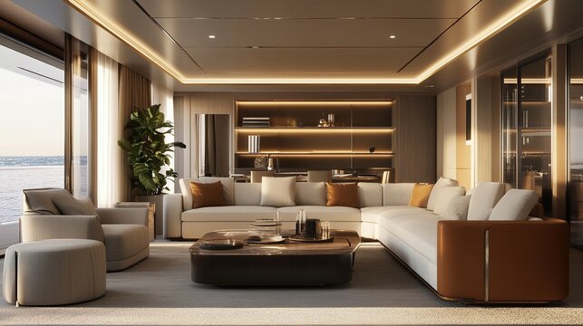 Elegante sal&oacute;n interior de yate de lujo con decoraci&oacute;n moderna y vistas al mar, iluminaci&oacute;n c&aacute;lida y dise&ntilde;o minimalista