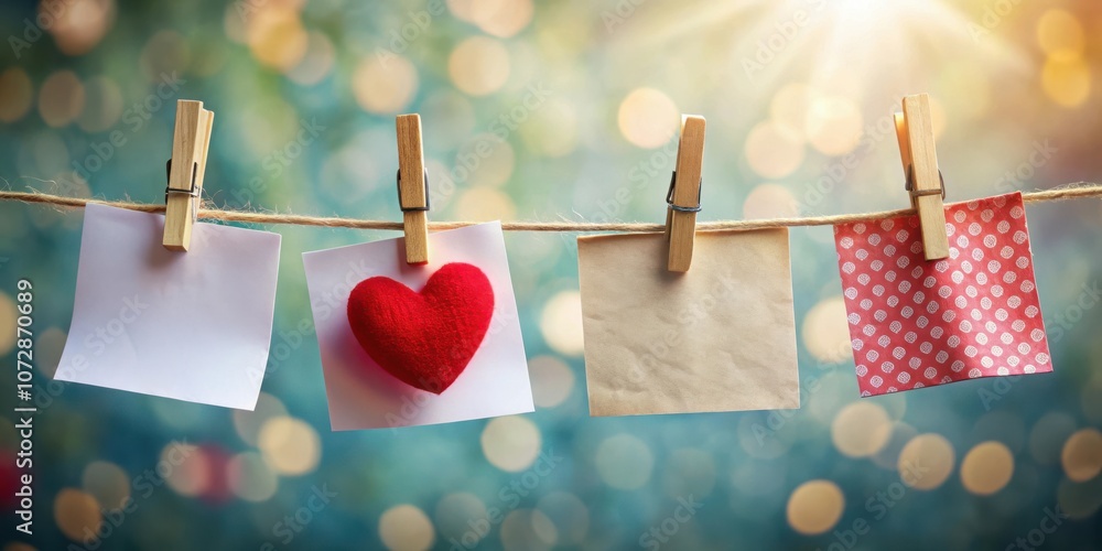 Poster Blank Notes and a Red Heart on a Clothesline with a Bokeh Background