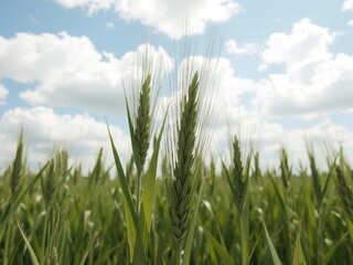 Fototapeta premium Green wheat plant standing tall under a bright blue cloudy sky, showcasing the beauty of nature, clouds, wheat, nature