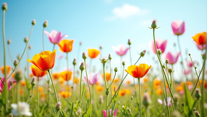 A field filled with vibrant wildflowers under a clear blue sky, capturing the natural beauty of a July summer day.