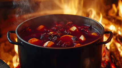 Glühwein pot with red wine and spices simmering over a fire.