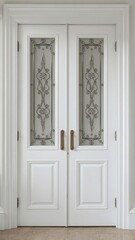 Minimalistic and elegant white double door with decorative glass panels, home decor, white