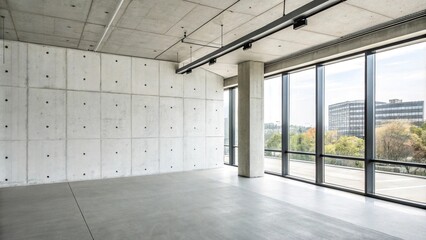 Obraz premium Modern minimalist office space with white concrete wall as background, white concrete, modern decor, minimalist, sterile environment