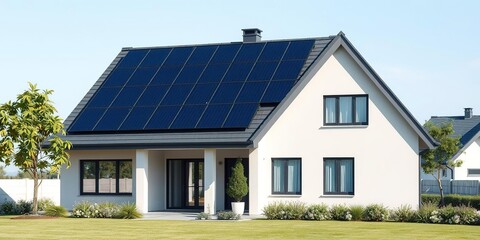 Fototapeta premium Modern single-family house with solar panels on the rooftop, generating renewable energy, Umweltschutz, gr?n