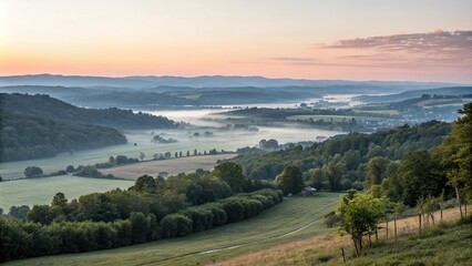 Panoramic view of a serene landscape at dawn, valley, sky, scenery