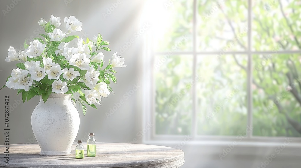 Poster Delicate White Flowers in a Rustic Vase by a Sunlit Window Creating a Serene Atmosphere with Gentle Light and Lush Green Background