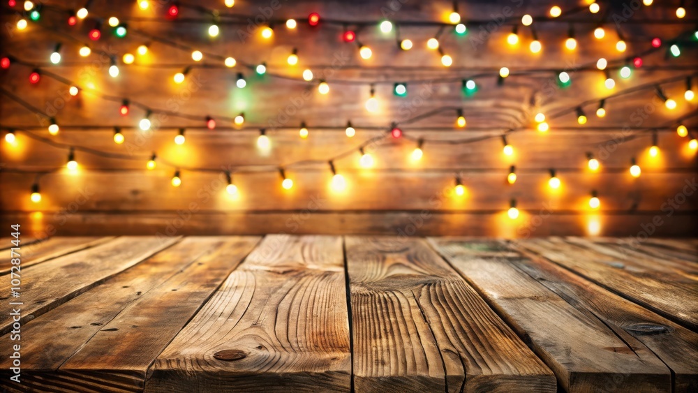 Poster Rustic Wooden Tabletop with Warm String Lights Blurred Background