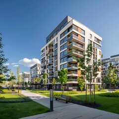 Modern apartment buildings on a sunny day with a blue sky.