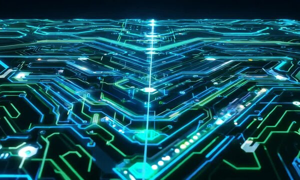 Background covered in gloving electronic circuits. Texture. Generative AI