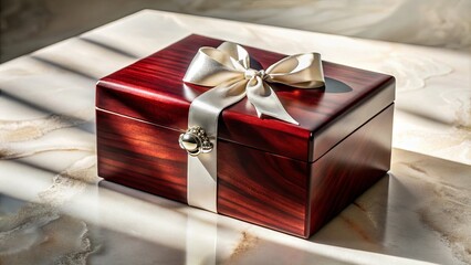 A mahogany wooden box with a satin ribbon tied in a bow, resting on a textured surface, bathed in warm sunlight.