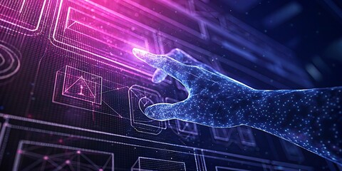Obraz premium digital hand reaches out to interact with glowing screen technology background.AI GENERATED