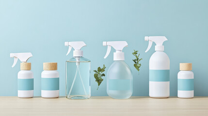 Eco friendly cleaning products displayed on wooden surface, featuring various spray bottles and containers with minimalist designs and green accents. arrangement highlights sustainability and modern a - Powered by Adobe