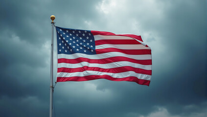 Fototapeta premium An American flag flying boldly against a dark and stormy sky, symbolizing resilience and strength on Independence Da