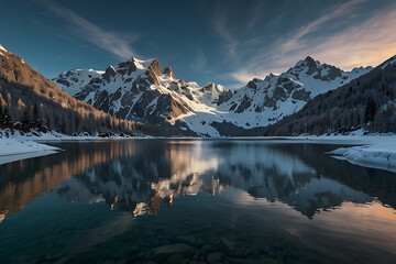 A Colorful winter panorama of the Lac Blanc lake with Mont Blanc on background.