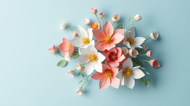 stunning bouquet of handcrafted paper flowers on light blue background with empty space for text, elegant simplicity, natural fiber texture