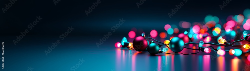 Poster colorful string lights create a festive atmosphere in a dark setting.