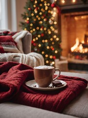 Cozy Christmas scene with snow falling outside, a steaming cup of hot chocolate, and a festive throw blanket on the couch.