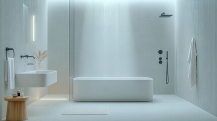 Fototapeta premium A serene and modern bathroom featuring freestanding bathtub, minimalist sink, and elegant fixtures. soft lighting and neutral tones create calming atmosphere, perfect for relaxation