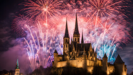 Fototapeta premium Colorful fireworks exploding around the spires of a medieval castle as the new year is welcomed, Ai Generated
