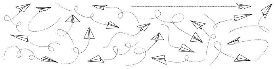 editable paper airplane flights, paper craft plane and line routes paths aircraft tracking. flight track, Travel  dotted line tracing. Origami plane routes flight air dotted	