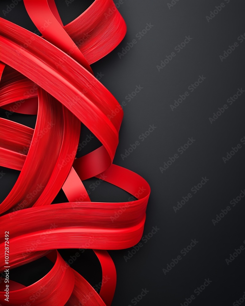 Poster dynamic red ribbons create an artistic flow against a dark background.