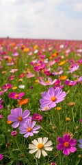 Obraz premium Vibrant cosmos flowers in full bloom, creating a picturesque and colorful field, summer, cosmos
