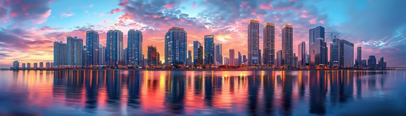 Obraz premium Stunning city skyline at sunset