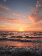 Obraz premium Vibrant sunset casting warm hues over ocean waves with curved horizon, water, scenic, beauty