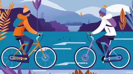 Two people on bicycles ride along a scenic path, enjoying a sunny winter day.