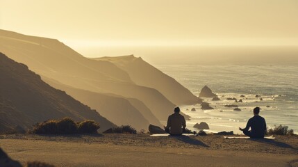 Two people silhouetted against the setting sun, sitting in a meditative pose overlooking the ocean and a rocky coastline.