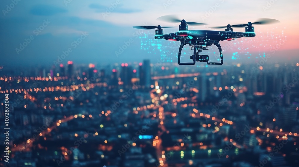 Aufkleber a drone flying over a cityscape capturing data high-tech surveillance and mapping technology in acti