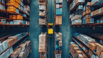 Aerial view of a large e-commerce warehouse with thousands of products neatly organized and ready for shipment automated systems managing inventory