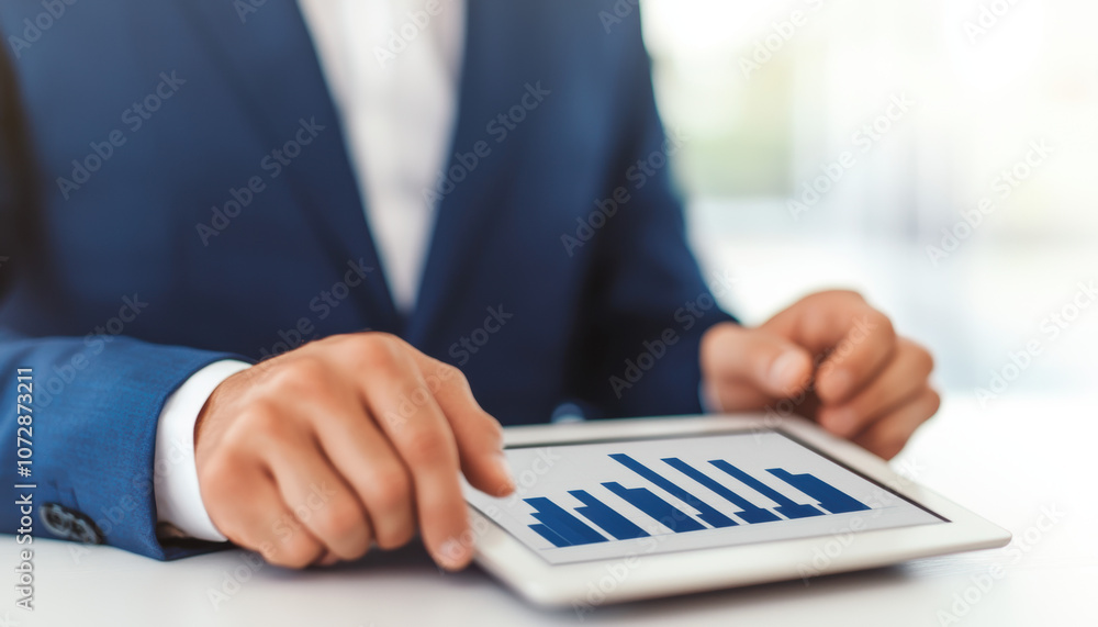 Poster a user in a suit analyzes bar graphs on a tablet, highlighting data insights in a professional setti