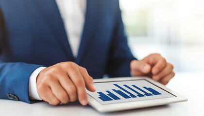 A user in a suit analyzes bar graphs on a tablet, highlighting data insights in a professional setting.