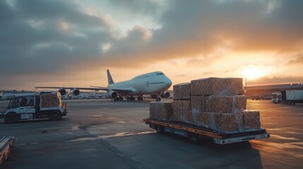 Fototapeta premium Freight planes on the apron at an airport are loading goods for air transportation. Ground handlers are handling goods to ensure timely delivery