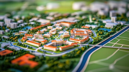 A detailed architectural model of a campus, showcasing buildings and greenery with a vibrant layout, highlighting urban planning and landscape design.