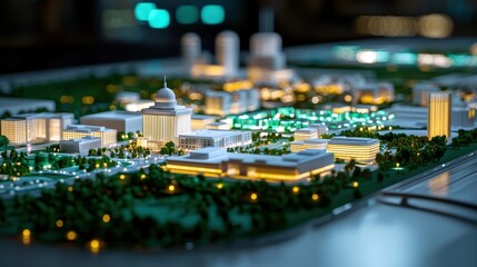 Obraz premium A detailed architectural model of a city, showcasing buildings, greenery, and illuminated structures in a vibrant, realistic design.